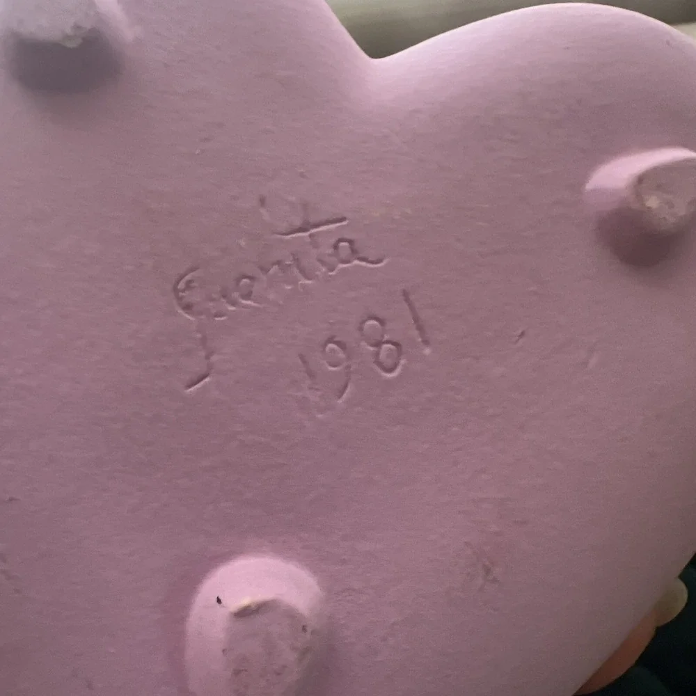 Vintage Signed Juanita  Ceramics Heart Floral Jewelry Trinket Box  Pink  Purple